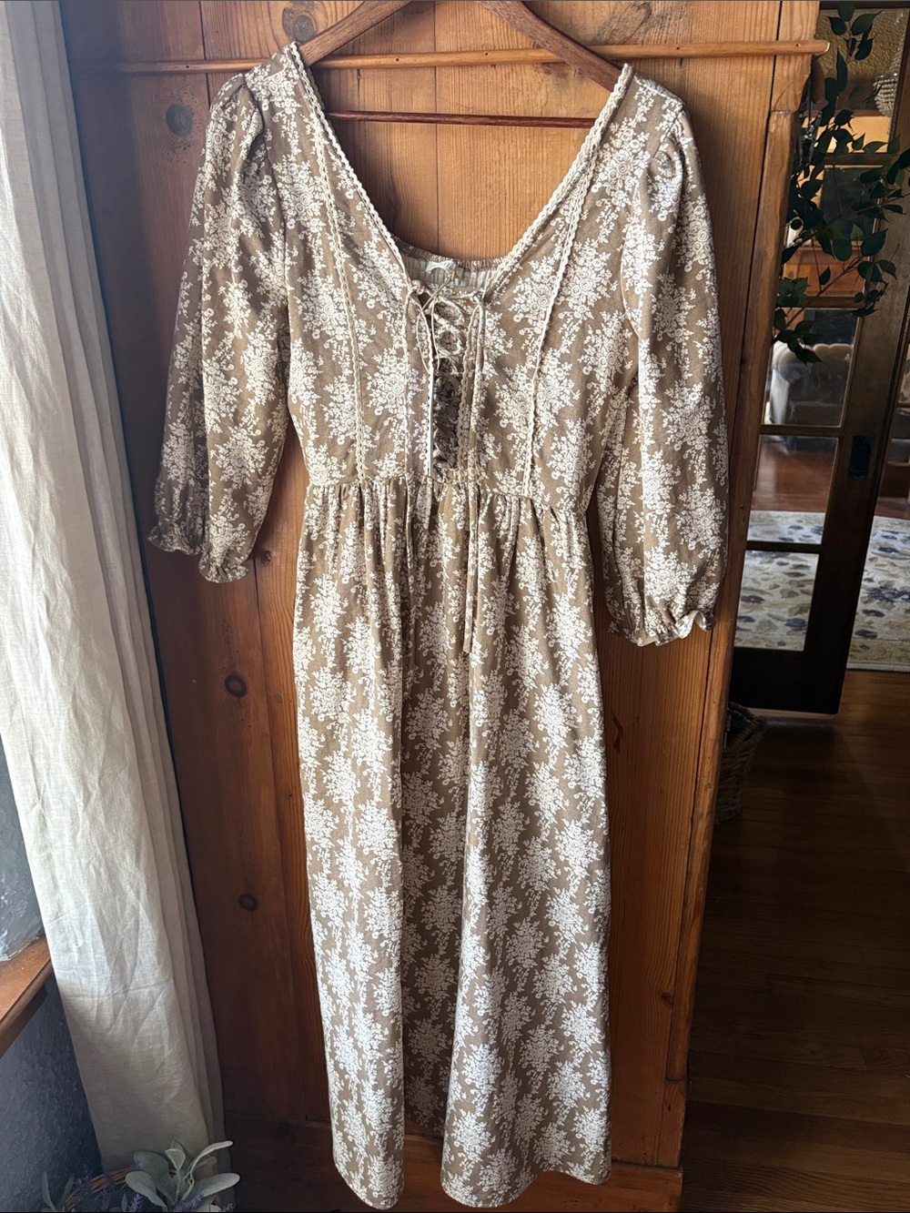 Taupe Floral Lace-Up Midi Dress